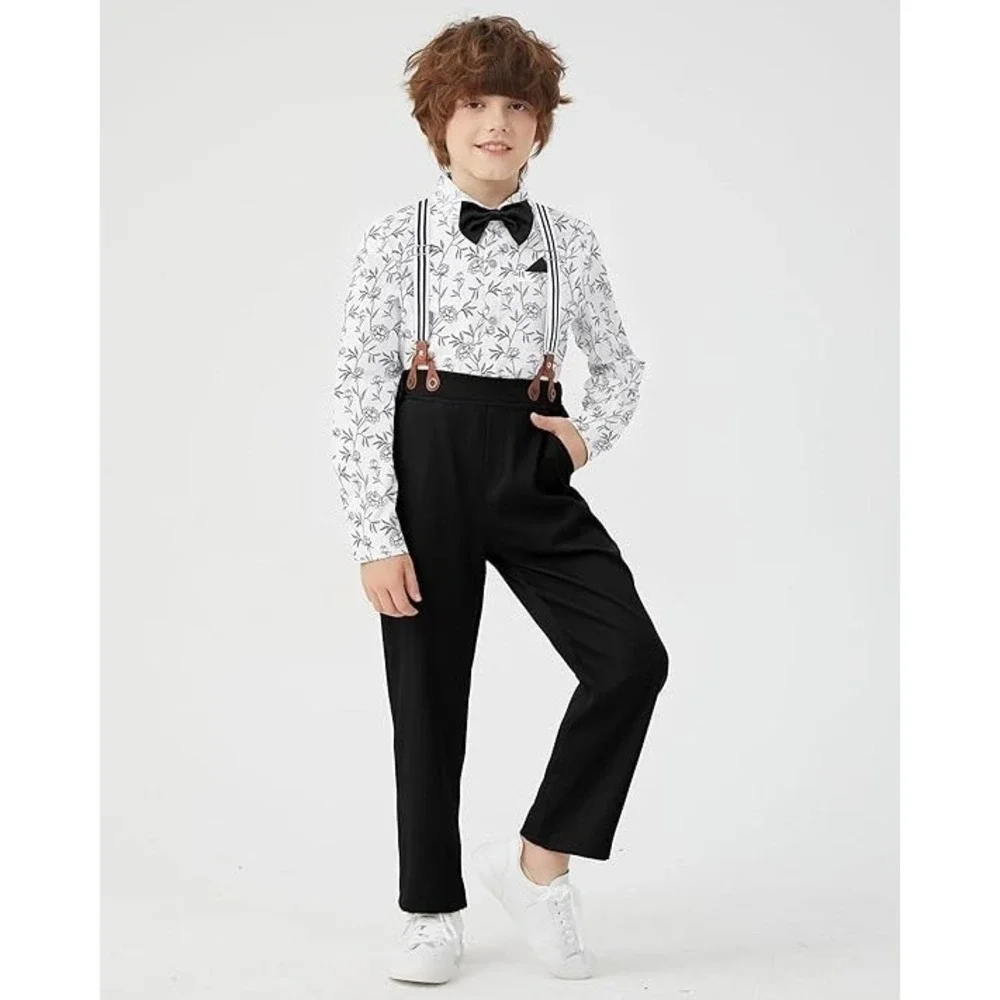 Boy's Suit Ring Bearer Dress Shirt‎ Pants Suspender Tie 7-8 NEW NWT Formal Black